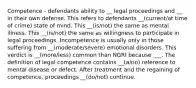 Competence - defendants ability to __ legal proceedings and __ in their own defense. This refers to defendants __(current/at time of crime) state of mind. This __(is/not) the same as mental illness. This __(is/not) the same as willingness to participate in legal proceedings. Incompetence is usually only in those suffering from __(moderate/severe) emotional disorders. This verdict is __(more/less) common than NGRI because ___. The definition of legal competence contains __(a/no) reference to mental disease or defect. After treatment and the regaining of competence, proceedings __(do/not) continue.