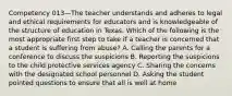 Competency 013—The teacher understands and adheres to legal and ethical requirements for educators and is knowledgeable of the structure of education in Texas. Which of the following is the most appropriate first step to take if a teacher is concerned that a student is suffering from abuse? A. Calling the parents for a conference to discuss the suspicions B. Reporting the suspicions to the child protective services agency C. Sharing the concerns with the designated school personnel D. Asking the student pointed questions to ensure that all is well at home