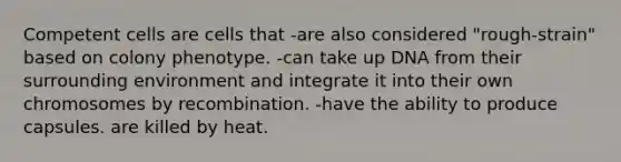 Competent cells are cells that -are also considered "rough-strain" based on colony phenotype. -can take up DNA from their surrounding environment and integrate it into their own chromosomes by recombination. -have the ability to produce capsules. are killed by heat.