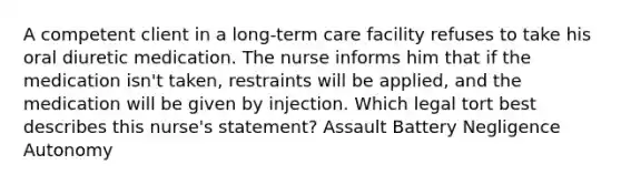 A competent client in a long-term care facility refuses to take his oral diuretic medication. The nurse informs him that if the medication isn't taken, restraints will be applied, and the medication will be given by injection. Which legal tort best describes this nurse's statement? Assault Battery Negligence Autonomy