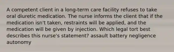 A competent client in a long-term care facility refuses to take oral diuretic medication. The nurse informs the client that if the medication isn't taken, restraints will be applied, and the medication will be given by injection. Which legal tort best describes this nurse's statement? assault battery negligence autonomy