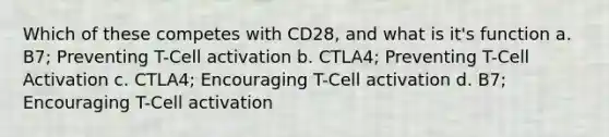 Which of these competes with CD28, and what is it's function a. B7; Preventing T-Cell activation b. CTLA4; Preventing T-Cell Activation c. CTLA4; Encouraging T-Cell activation d. B7; Encouraging T-Cell activation