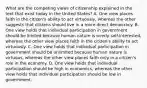 What are the competing views of citizenship explained in the text that exist today in the United States? A. One view places faith in the citizen's ability to act virtuously, whereas the other suggests that citizens should live in a more direct democracy. B. One view holds that individual participation in government should be limited because human nature is overly self-interested, whereas the other view places faith in the citizen's ability to act virtuously. C. One view holds that individual participation in government should be unlimited because human nature is virtuous, whereas the other view places faith only in a citizen's role in the economy. D. One view holds that individual participation should be high in economics, whereas the other view holds that individual participation should be low in government.