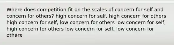 Where does competition fit on the scales of concern for self and concern for others? high concern for self, high concern for others high concern for self, low concern for others low concern for self, high concern for others low concern for self, low concern for others