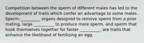 Competition between the sperm of different males has led to the development of traits which confer an advantage to some males. Sperm-__________ organs designed to remove sperm from a prior mating, large __________ to produce more sperm, and sperm that hook themselves together for faster __________, are traits that enhance the likelihood of fertilizing an egg.