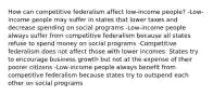 How can competitive federalism affect low-income people? -Low-income people may suffer in states that lower taxes and decrease spending on social programs -Low-income people always suffer from competitive federalism because all states refuse to spend money on social programs -Competitive federalism does not affect those with lower incomes. States try to encourage business growth but not at the expense of their poorer citizens -Low-income people always benefit from competitive federalism because states try to outspend each other on social programs