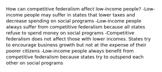 How can competitive federalism affect low-income people? -Low-income people may suffer in states that lower taxes and decrease spending on social programs -Low-income people always suffer from competitive federalism because all states refuse to spend money on social programs -Competitive federalism does not affect those with lower incomes. States try to encourage business growth but not at the expense of their poorer citizens -Low-income people always benefit from competitive federalism because states try to outspend each other on social programs