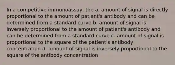 In a competitive immunoassay, the a. amount of signal is directly proportional to the amount of patient's antibody and can be determined from a standard curve b. amount of signal is inversely proportional to the amount of patient's antibody and can be determined from a standard curve c. amount of signal is proportional to the square of the patient's antibody concentration d. amount of signal is inversely proportional to the square of the antibody concentration