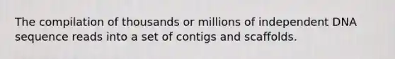 The compilation of thousands or millions of independent DNA sequence reads into a set of contigs and scaffolds.