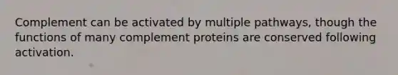 Complement can be activated by multiple pathways, though the functions of many complement proteins are conserved following activation.