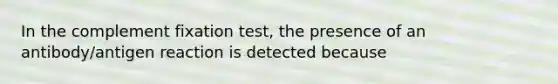 In the complement fixation test, the presence of an antibody/antigen reaction is detected because