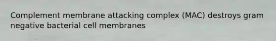 Complement membrane attacking complex (MAC) destroys gram negative bacterial cell membranes