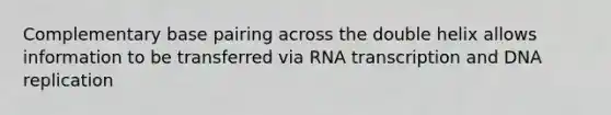 Complementary base pairing across the double helix allows information to be transferred via RNA transcription and DNA replication