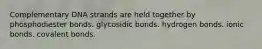 Complementary DNA strands are held together by phosphodiester bonds. glycosidic bonds. hydrogen bonds. ionic bonds. covalent bonds.