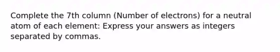 Complete the 7th column (Number of electrons) for a neutral atom of each element: Express your answers as integers separated by commas.