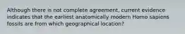 Although there is not complete agreement, current evidence indicates that the earliest anatomically modern Homo sapiens fossils are from which geographical location?