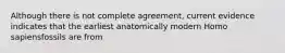 Although there is not complete agreement, current evidence indicates that the earliest anatomically modern Homo sapiensfossils are from