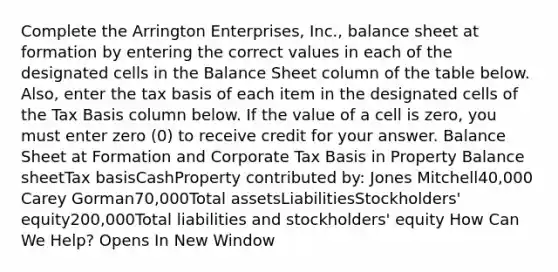 Complete the Arrington Enterprises, Inc., balance sheet at formation by entering the correct values in each of the designated cells in the Balance Sheet column of the table below. Also, enter the tax basis of each item in the designated cells of the Tax Basis column below. If the value of a cell is zero, you must enter zero (0) to receive credit for your answer. Balance Sheet at Formation and Corporate Tax Basis in Property Balance sheetTax basisCashProperty contributed by: Jones Mitchell40,000 Carey Gorman70,000Total assetsLiabilitiesStockholders' equity200,000Total liabilities and stockholders' equity How Can We Help? Opens In New Window