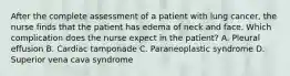 After the complete assessment of a patient with lung cancer, the nurse finds that the patient has edema of neck and face. Which complication does the nurse expect in the patient? A. Pleural effusion B. Cardiac tamponade C. Paraneoplastic syndrome D. Superior vena cava syndrome