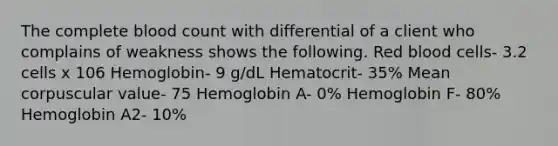 The complete blood count with differential of a client who complains of weakness shows the following. Red blood cells- 3.2 cells x 106 Hemoglobin- 9 g/dL Hematocrit- 35% Mean corpuscular value- 75 Hemoglobin A- 0% Hemoglobin F- 80% Hemoglobin A2- 10%