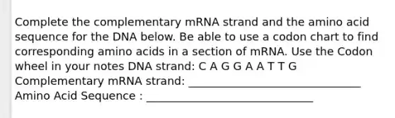 Complete the complementary mRNA strand and the amino acid sequence for the DNA below. Be able to use a codon chart to find corresponding amino acids in a section of mRNA. Use the Codon wheel in your notes DNA strand: C A G G A A T T G Complementary mRNA strand: _______________________________ Amino Acid Sequence : ______________________________