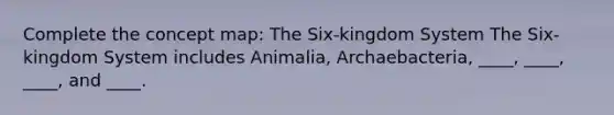 Complete the concept map: The Six-kingdom System The Six-kingdom System includes Animalia, Archaebacteria, ____, ____, ____, and ____.