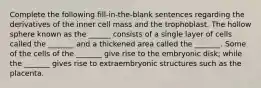 Complete the following fill-in-the-blank sentences regarding the derivatives of the inner cell mass and the trophoblast. The hollow sphere known as the ______ consists of a single layer of cells called the _______ and a thickened area called the _______. Some of the cells of the _______ give rise to the embryonic disk; while the _______ gives rise to extraembryonic structures such as the placenta.