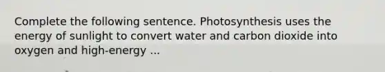 Complete the following sentence. Photosynthesis uses the energy of sunlight to convert water and carbon dioxide into oxygen and high-energy ...