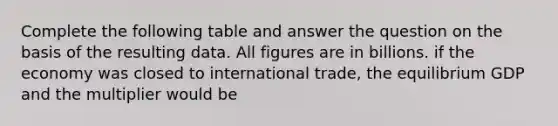 Complete the following table and answer the question on the basis of the resulting data. All figures are in billions. if the economy was closed to international trade, the equilibrium GDP and the multiplier would be