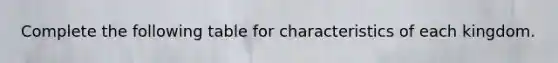 Complete the following table for characteristics of each kingdom.