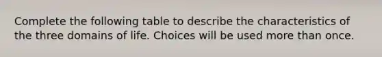 Complete the following table to describe the characteristics of the three domains of life. Choices will be used more than once.