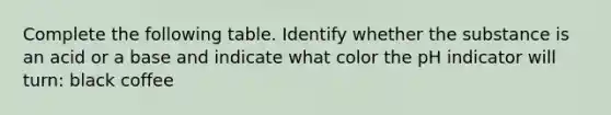 Complete the following table. Identify whether the substance is an acid or a base and indicate what color the pH indicator will turn: black coffee