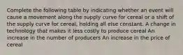 Complete the following table by indicating whether an event will cause a movement along the supply curve for cereal or a shift of the supply curve for cereal, holding all else constant. A change in technology that makes it less costly to produce cereal An increase in the number of producers An increase in the price of cereal