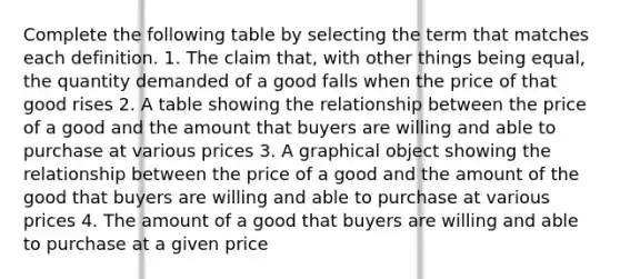 Complete the following table by selecting the term that matches each definition. 1. The claim that, with other things being equal, the quantity demanded of a good falls when the price of that good rises 2. A table showing the relationship between the price of a good and the amount that buyers are willing and able to purchase at various prices 3. A graphical object showing the relationship between the price of a good and the amount of the good that buyers are willing and able to purchase at various prices 4. The amount of a good that buyers are willing and able to purchase at a given price