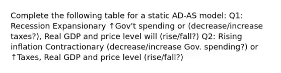 Complete the following table for a static​ AD-AS model: Q1: Recession Expansionary ↑Gov't spending or (decrease/increase taxes?), Real GDP and price level will (rise/fall?) Q2: Rising inflation Contractionary (decrease/increase Gov. spending?) or ↑Taxes, Real GDP and price level (rise/fall?)