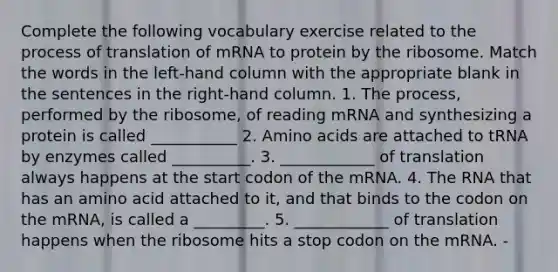 Complete the following vocabulary exercise related to the process of translation of mRNA to protein by the ribosome. Match the words in the left-hand column with the appropriate blank in the sentences in the right-hand column. 1. The process, performed by the ribosome, of reading mRNA and synthesizing a protein is called ___________ 2. Amino acids are attached to tRNA by enzymes called __________. 3. ____________ of translation always happens at the start codon of the mRNA. 4. The RNA that has an amino acid attached to it, and that binds to the codon on the mRNA, is called a _________. 5. ____________ of translation happens when the ribosome hits a stop codon on the mRNA. -