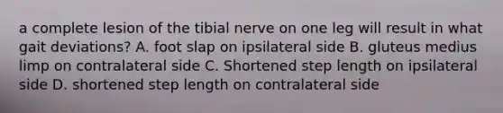 a complete lesion of the tibial nerve on one leg will result in what gait deviations? A. foot slap on ipsilateral side B. gluteus medius limp on contralateral side C. Shortened step length on ipsilateral side D. shortened step length on contralateral side