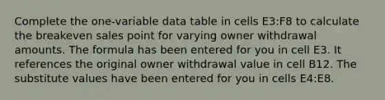 Complete the one-variable data table in cells E3:F8 to calculate the breakeven sales point for varying owner withdrawal amounts. The formula has been entered for you in cell E3. It references the original owner withdrawal value in cell B12. The substitute values have been entered for you in cells E4:E8.