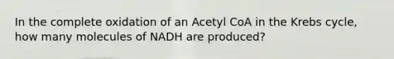 In the complete oxidation of an Acetyl CoA in the Krebs cycle, how many molecules of NADH are produced?