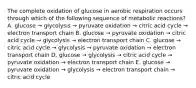 The complete oxidation of glucose in aerobic respiration occurs through which of the following sequence of metabolic reactions? A. glucose → glycolysis → pyruvate oxidation → citric acid cycle → electron transport chain B. glucose → pyruvate oxidation → citric acid cycle → glycolysis → electron transport chain C. glucose → citric acid cycle → glycolysis → pyruvate oxidation → electron transport chain D. glucose → glycolysis → citric acid cycle → pyruvate oxidation → electron transport chain E. glucose → pyruvate oxidation → glycolysis → electron transport chain → citric acid cycle