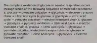 The complete oxidation of glucose in aerobic respiration occurs through which of the following sequence of metabolic reactions? a. glucose → pyruvate oxidation → glycolysis → electron transport chain → citric acid cycle b. glucose → glycolysis → citric acid cycle → pyruvate oxidation → electron transport chain c. glucose → glycolysis → pyruvate oxidation → citric acid cycle → electron transport chain d. glucose → citric acid cycle → glycolysis → pyruvate oxidation → electron transport chain e. glucose → pyruvate oxidation → citric acid cycle → glycolysis → electron transport chain