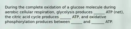 During the complete oxidation of a glucose molecule during aerobic cellular respiration, glycolysis produces ______ ATP (net), the citric acid cycle produces ______ ATP, and oxidative phosphorylation produces between ______ and _______ ATP.