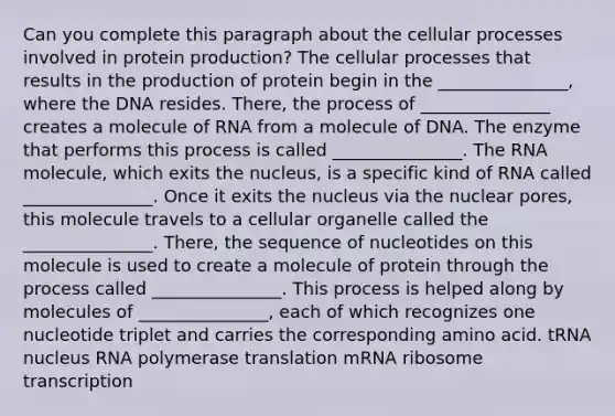 Can you complete this paragraph about the cellular processes involved in protein production? The cellular processes that results in the production of protein begin in the _______________, where the DNA resides. There, the process of _______________ creates a molecule of RNA from a molecule of DNA. The enzyme that performs this process is called _______________. The RNA molecule, which exits the nucleus, is a specific kind of RNA called _______________. Once it exits the nucleus via the nuclear pores, this molecule travels to a cellular organelle called the _______________. There, the sequence of nucleotides on this molecule is used to create a molecule of protein through the process called _______________. This process is helped along by molecules of _______________, each of which recognizes one nucleotide triplet and carries the corresponding amino acid. tRNA nucleus RNA polymerase translation mRNA ribosome transcription