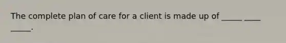 The complete plan of care for a client is made up of _____ ____ _____.