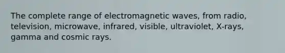 The complete range of electromagnetic waves, from radio, television, microwave, infrared, visible, ultraviolet, X-rays, gamma and cosmic rays.