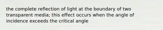 the complete reflection of light at the boundary of two transparent media; this effect occurs when the angle of incidence exceeds the critical angle