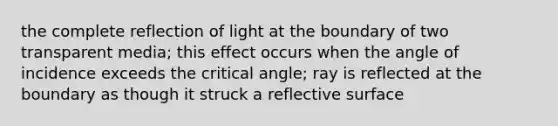 the complete reflection of light at the boundary of two transparent media; this effect occurs when the angle of incidence exceeds the critical angle; ray is reflected at the boundary as though it struck a reflective surface