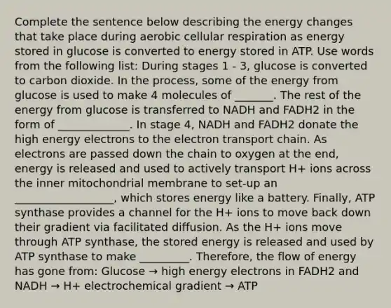 Complete the sentence below describing the energy changes that take place during aerobic cellular respiration as energy stored in glucose is converted to energy stored in ATP. Use words from the following list: During stages 1 - 3, glucose is converted to carbon dioxide. In the process, some of the energy from glucose is used to make 4 molecules of _______. The rest of the energy from glucose is transferred to NADH and FADH2 in the form of _____________. In stage 4, NADH and FADH2 donate the high energy electrons to the electron transport chain. As electrons are passed down the chain to oxygen at the end, energy is released and used to actively transport H+ ions across the inner mitochondrial membrane to set-up an __________________, which stores energy like a battery. Finally, ATP synthase provides a channel for the H+ ions to move back down their gradient via facilitated diffusion. As the H+ ions move through ATP synthase, the stored energy is released and used by ATP synthase to make _________. Therefore, the flow of energy has gone from: Glucose → high energy electrons in FADH2 and NADH → H+ electrochemical gradient → ATP