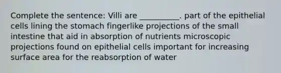 Complete the sentence: Villi are __________. part of the epithelial cells lining <a href='https://www.questionai.com/knowledge/kLccSGjkt8-the-stomach' class='anchor-knowledge'>the stomach</a> fingerlike projections of <a href='https://www.questionai.com/knowledge/kt623fh5xn-the-small-intestine' class='anchor-knowledge'>the small intestine</a> that aid in absorption of nutrients microscopic projections found on epithelial cells important for increasing surface area for the reabsorption of water