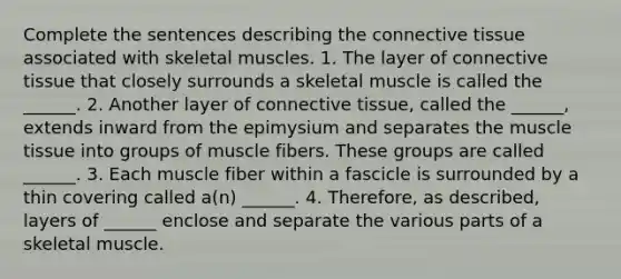 Complete the sentences describing the connective tissue associated with skeletal muscles. 1. The layer of connective tissue that closely surrounds a skeletal muscle is called the ______. 2. Another layer of connective tissue, called the ______, extends inward from the epimysium and separates the muscle tissue into groups of muscle fibers. These groups are called ______. 3. Each muscle fiber within a fascicle is surrounded by a thin covering called a(n) ______. 4. Therefore, as described, layers of ______ enclose and separate the various parts of a skeletal muscle.